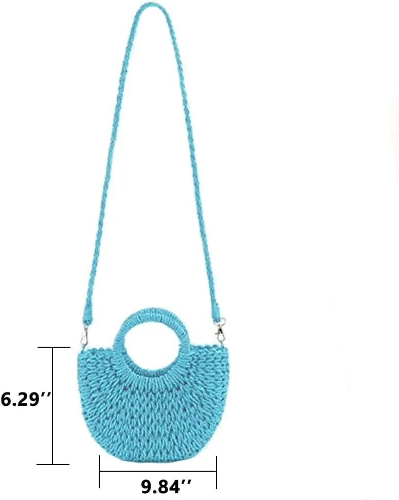 Mini Semi-circle Rattan Straw Bag, Hand-woven Women Summer Retro Beach Tote Shoulder Bag Crossbody Travel Beach Bag