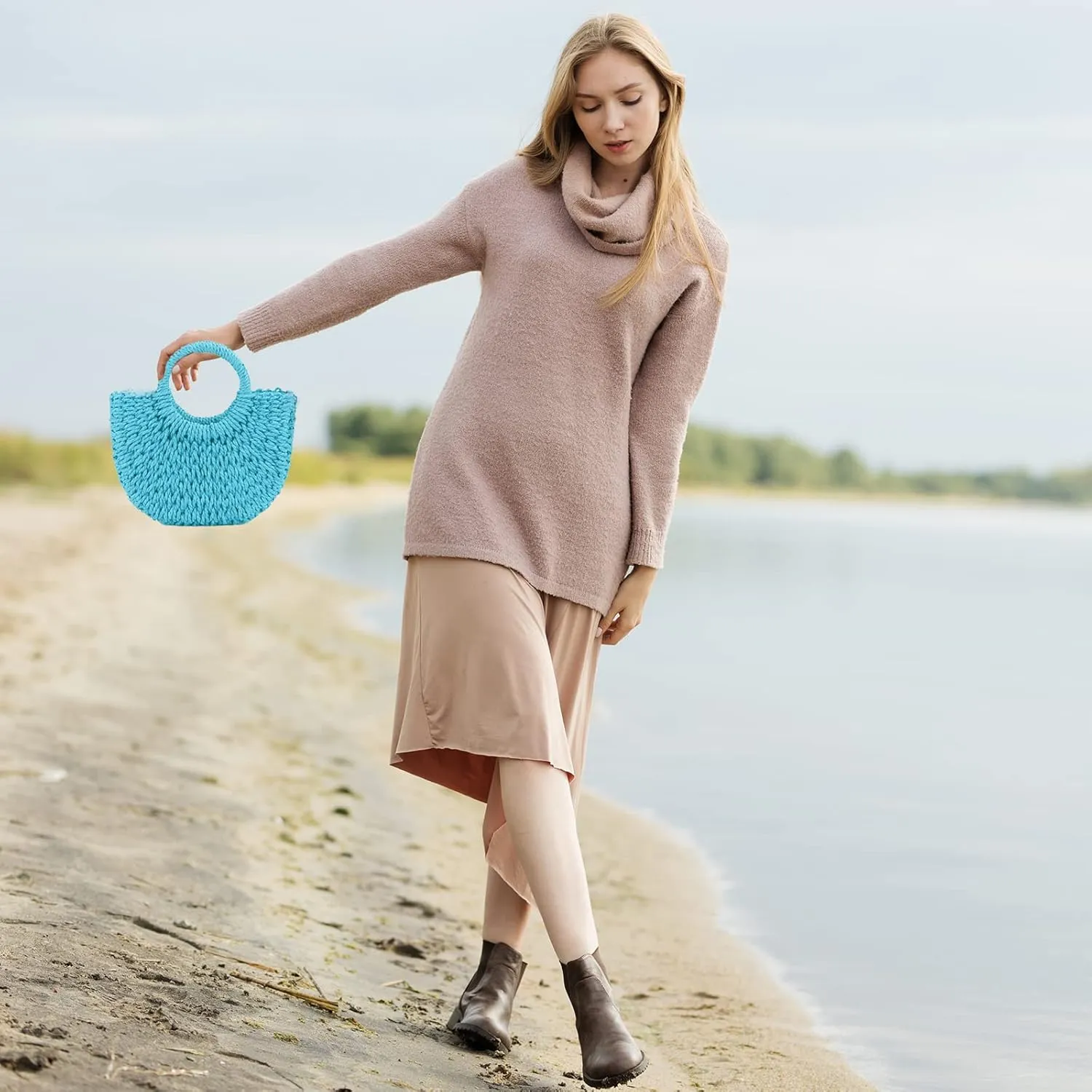 Mini Semi-circle Rattan Straw Bag, Hand-woven Women Summer Retro Beach Tote Shoulder Bag Crossbody Travel Beach Bag