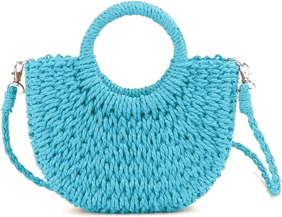 Mini Semi-circle Rattan Straw Bag, Hand-woven Women Summer Retro Beach Tote Shoulder Bag Crossbody Travel Beach Bag