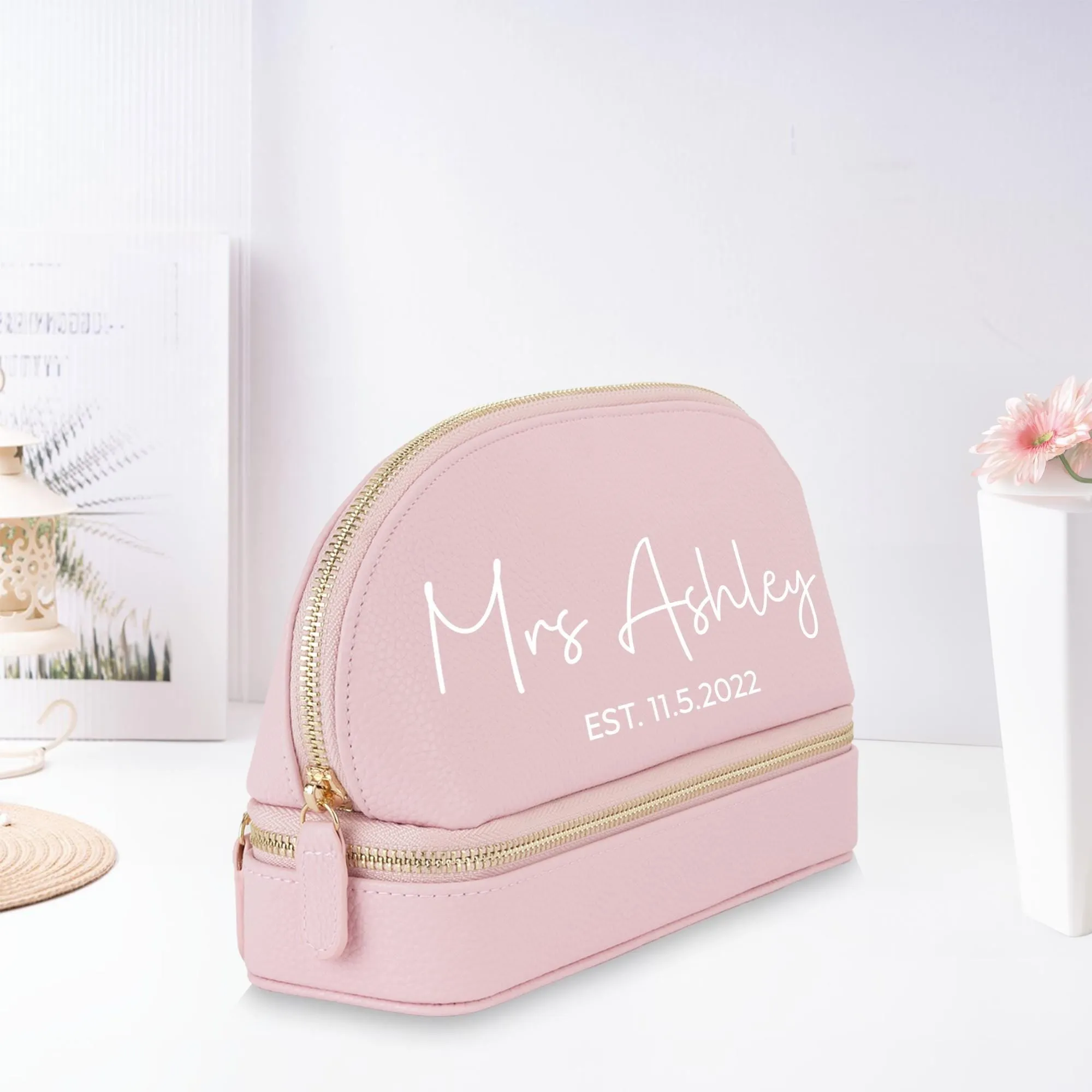 Mrs. Last Name Est Year Faux Leather Makeup Jewelry Bag Personalized Date Wedding Makeup Case Custom Bridal Shower Gift Honeymoon (BMB1002)