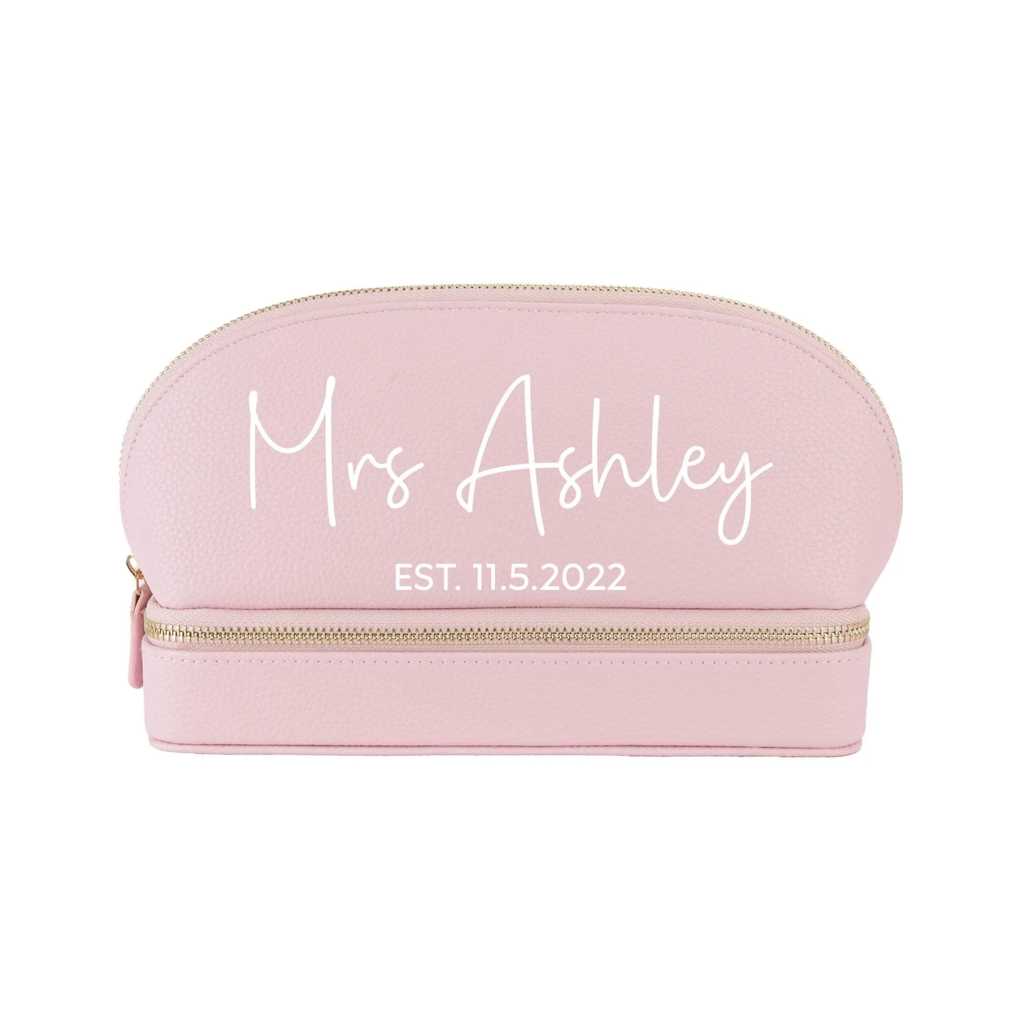 Mrs. Last Name Est Year Faux Leather Makeup Jewelry Bag Personalized Date Wedding Makeup Case Custom Bridal Shower Gift Honeymoon (BMB1002)