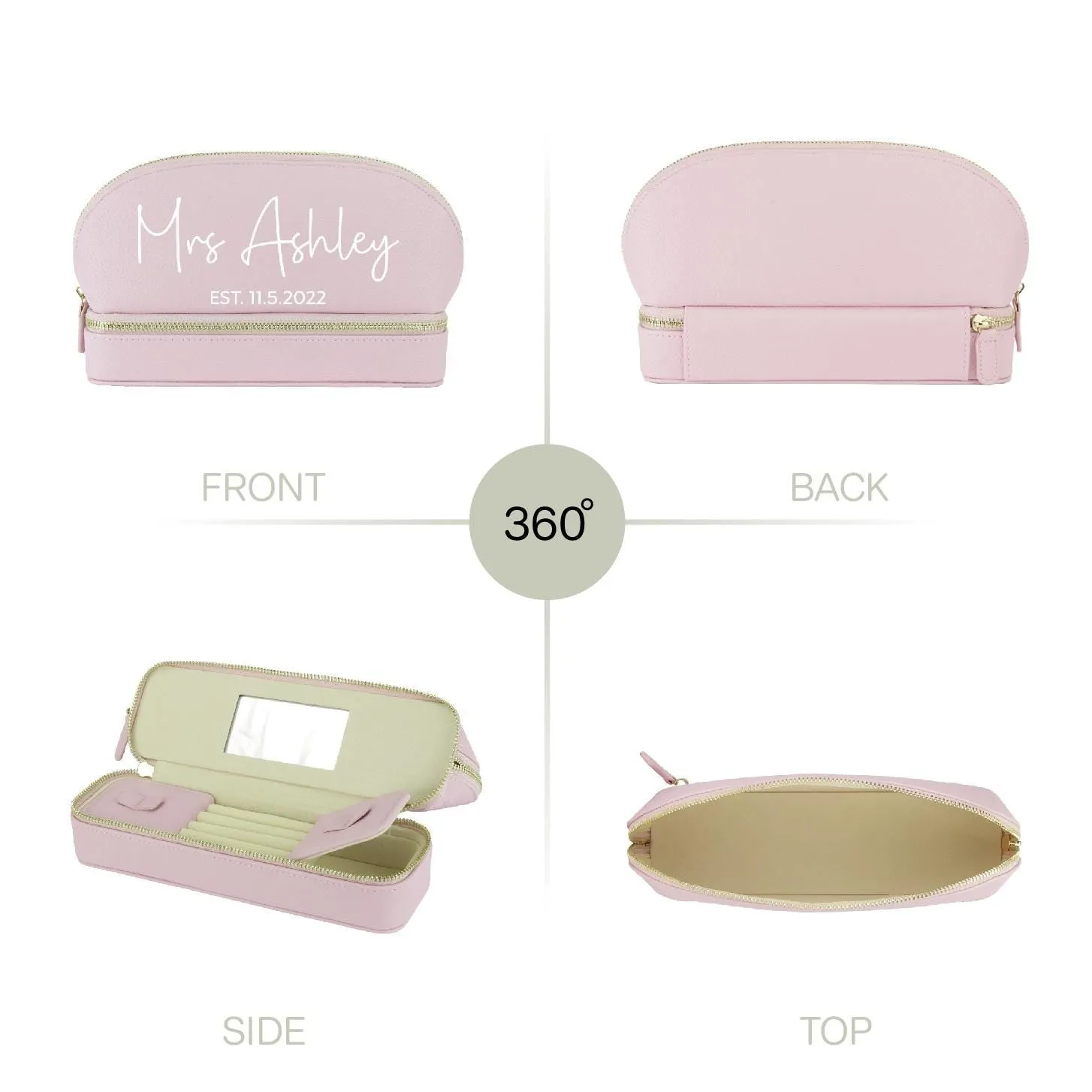 Mrs. Last Name Est Year Faux Leather Makeup Jewelry Bag Personalized Date Wedding Makeup Case Custom Bridal Shower Gift Honeymoon (BMB1002)