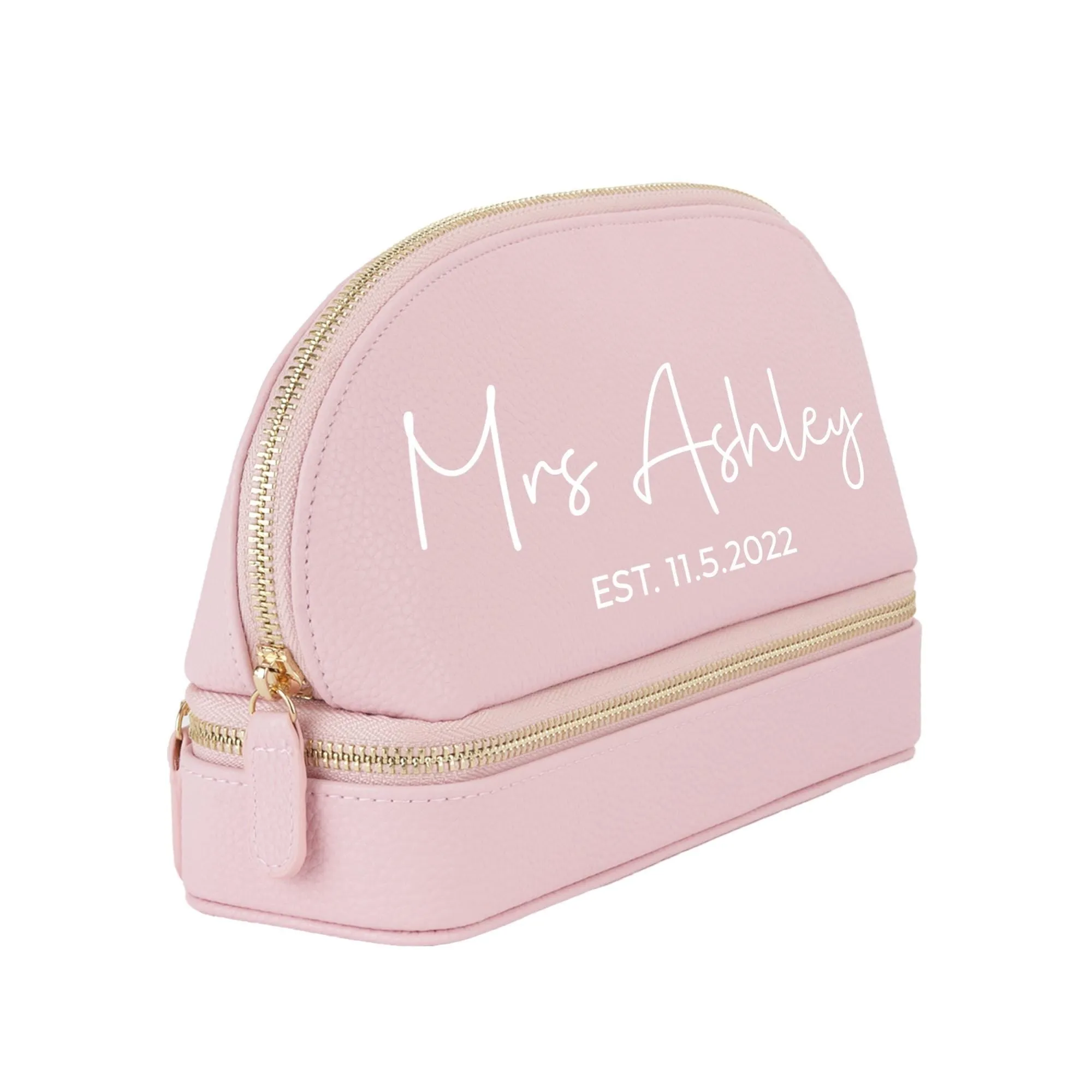 Mrs. Last Name Est Year Faux Leather Makeup Jewelry Bag Personalized Date Wedding Makeup Case Custom Bridal Shower Gift Honeymoon (BMB1002)