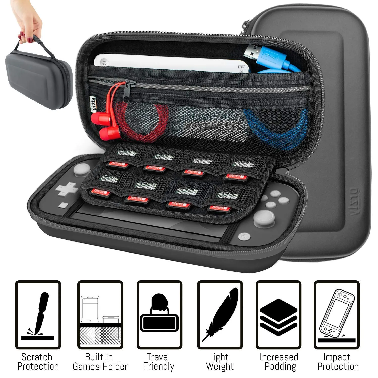 Orzly Switch Lite Accessories Bundle - Case & Screen Protector for Nintendo Switch Lite Console, USB Cable, Games Holder, Comfort Grip Case, Headphones, Thumb-Grip Pack & more (Orzly Gift Pack - Grey)