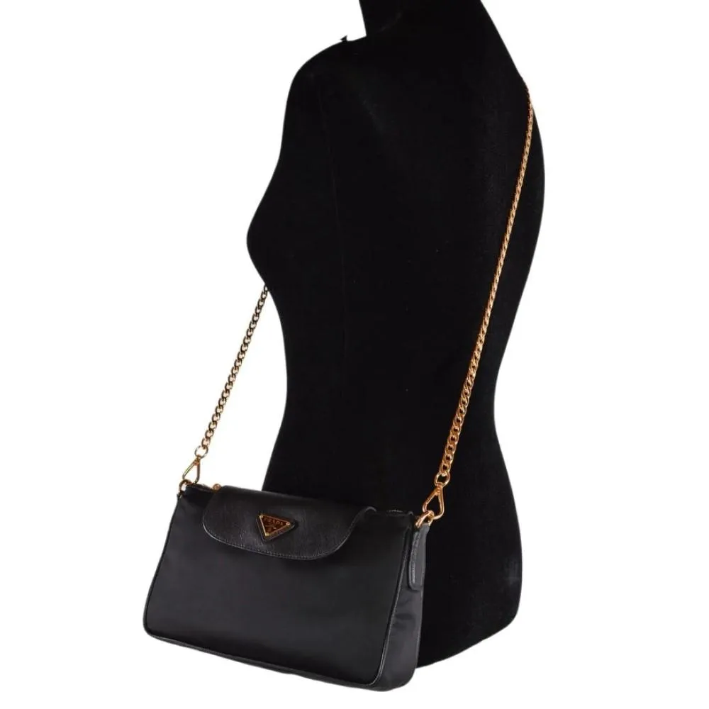 Prada Tessuto Nylon Saffiano Trim Chain Black Cross Body Bag 1BH085
