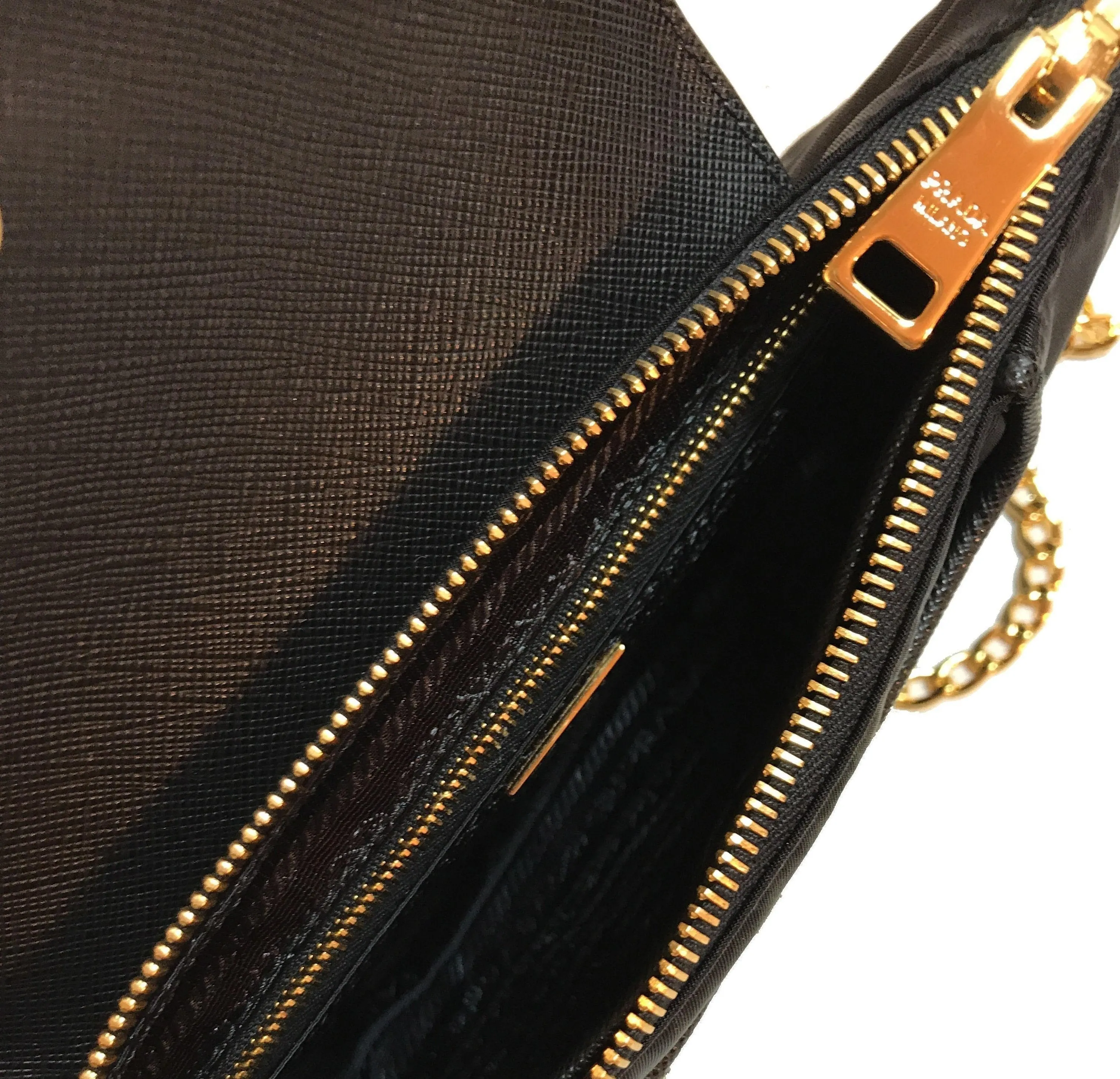 Prada Tessuto Nylon Saffiano Trim Chain Black Cross Body Bag 1BH085