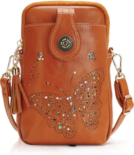 Small Crossbody Bags for Women, Lightweight Mini Cute Cell Phone Purse for Women with Tassel Shining Butterfly