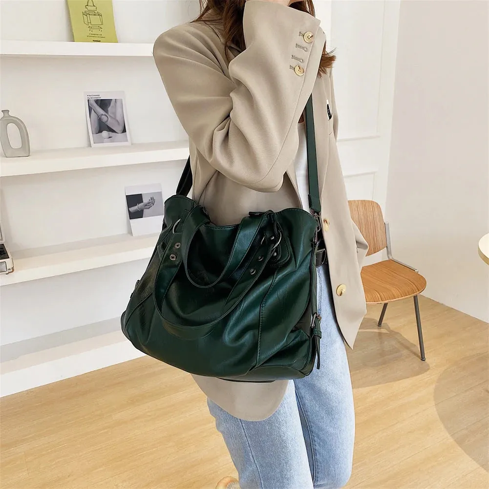 Sohiwoo Casual Mommy Tote Bag Solid Color Ladies Messenger Bag Large Capacity Shopper Handbag Women's Retro Leather Travel Crossbody Bag