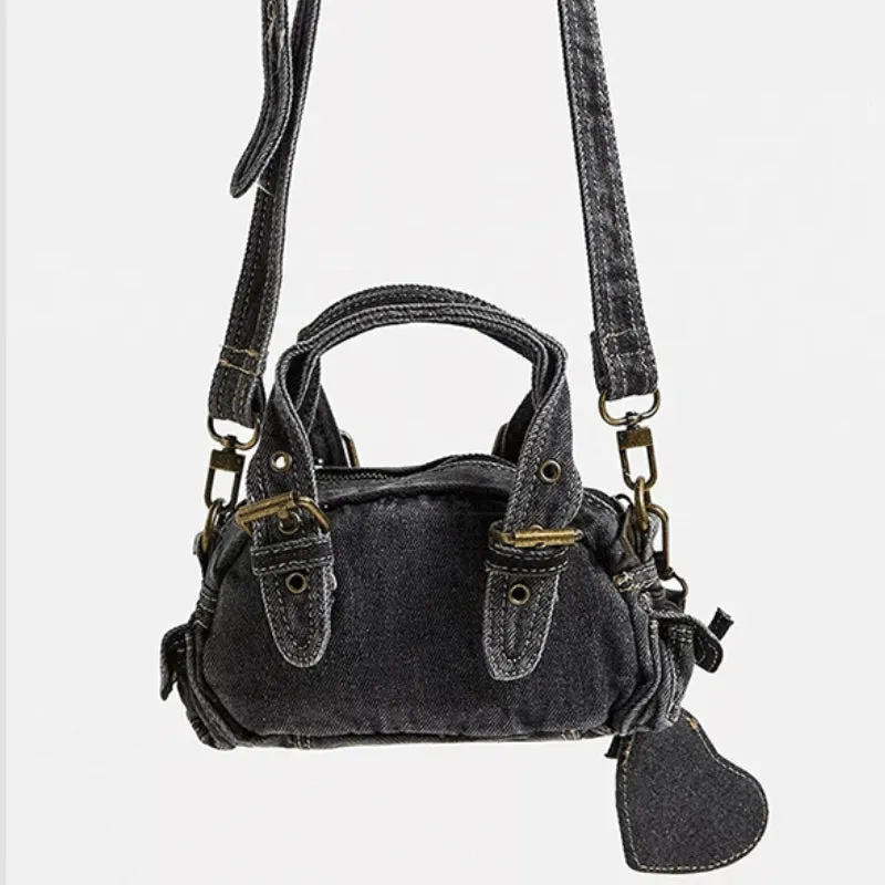 Sohiwoo Vintage Y2k Crossbody Bags for Women Washed Denim Mini Handbags Casual Streetwear Moto & Biker Multiple Pockets Shoulder Bags