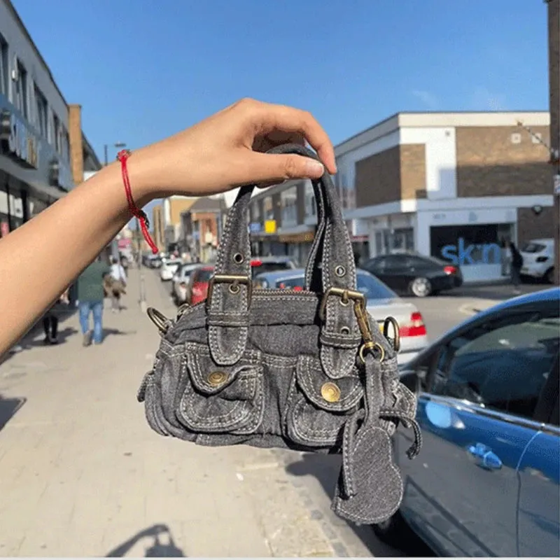 Sohiwoo Vintage Y2k Crossbody Bags for Women Washed Denim Mini Handbags Casual Streetwear Moto & Biker Multiple Pockets Shoulder Bags