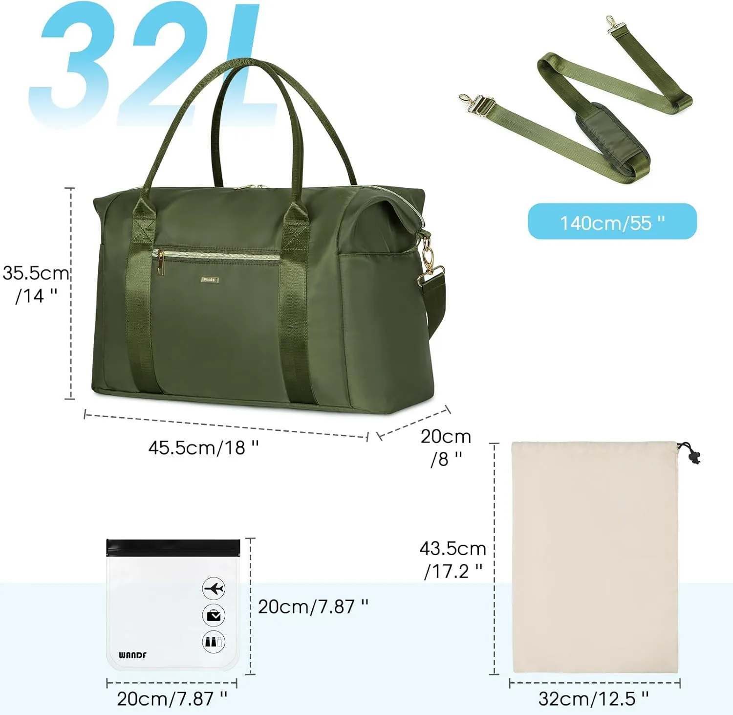 WANDF For Spirit Airlines Personal Item Bag 18x14x8 Travel Duffel bag with TSA Approved Quart Size Bag & Shoe Bags Weekender Overnight Carry-on Luggage for Women (Drak Green)