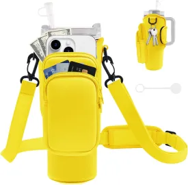 Water Bottle Carrier Bag with Phone Pocket for Stanley Cup 40/30 oz, Water Bottle Holder with Adjustable Strap& Straw Cover, Stanley Cup Accessories