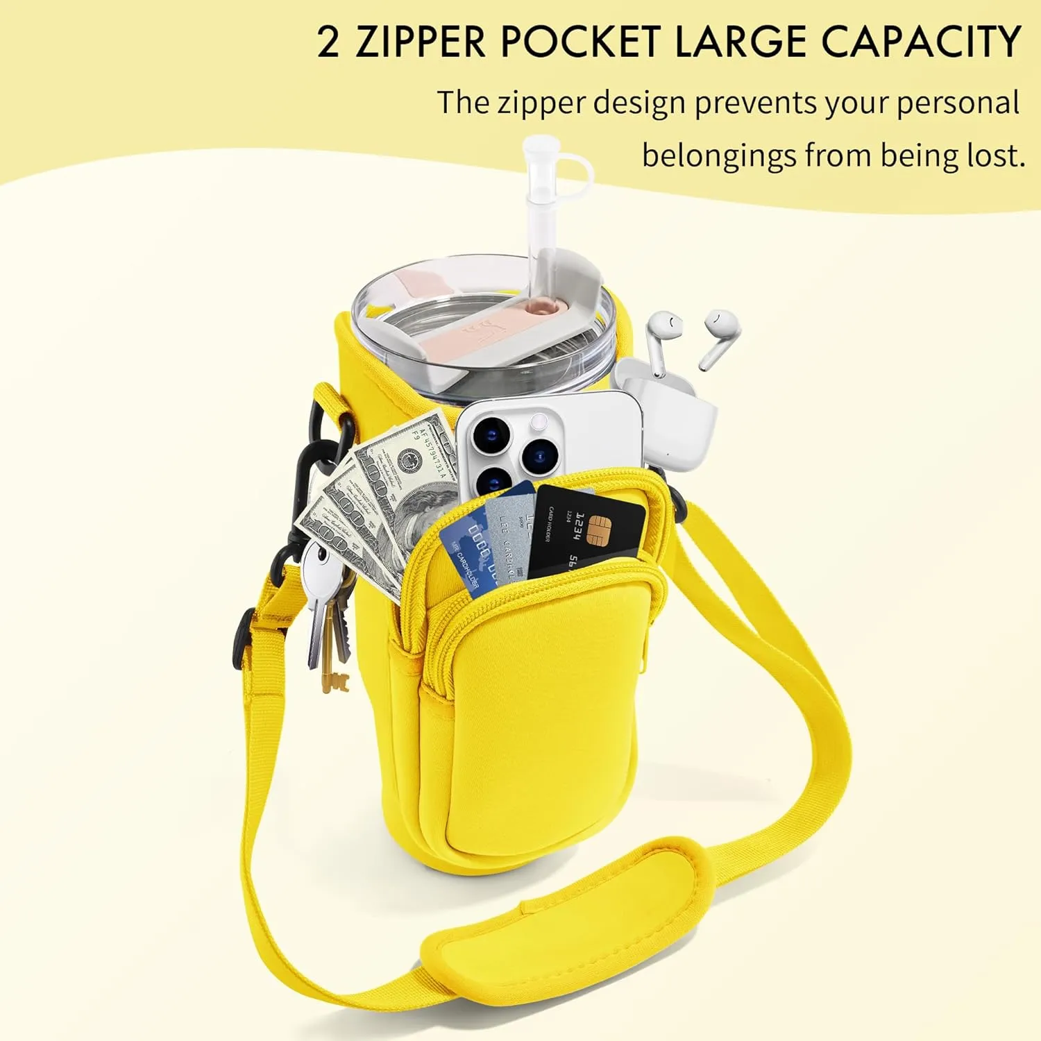 Water Bottle Carrier Bag with Phone Pocket for Stanley Cup 40/30 oz, Water Bottle Holder with Adjustable Strap& Straw Cover, Stanley Cup Accessories
