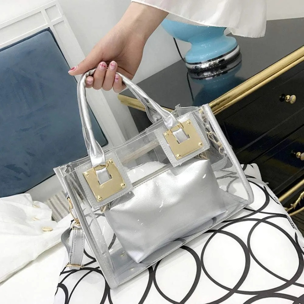 Women 2 Pcs Small Clear Tote Beach Shoulder Top-handle Bag PVC Transparent Satchel Handbag Purse