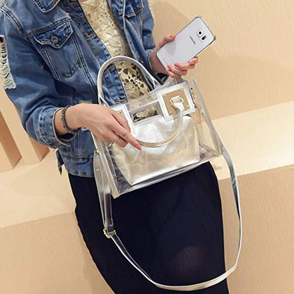 Women 2 Pcs Small Clear Tote Beach Shoulder Top-handle Bag PVC Transparent Satchel Handbag Purse