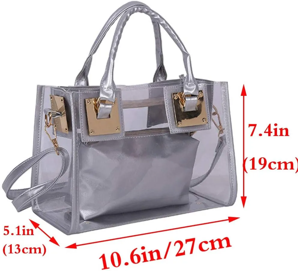 Women 2 Pcs Small Clear Tote Beach Shoulder Top-handle Bag PVC Transparent Satchel Handbag Purse