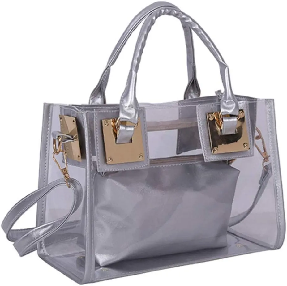 Women 2 Pcs Small Clear Tote Beach Shoulder Top-handle Bag PVC Transparent Satchel Handbag Purse