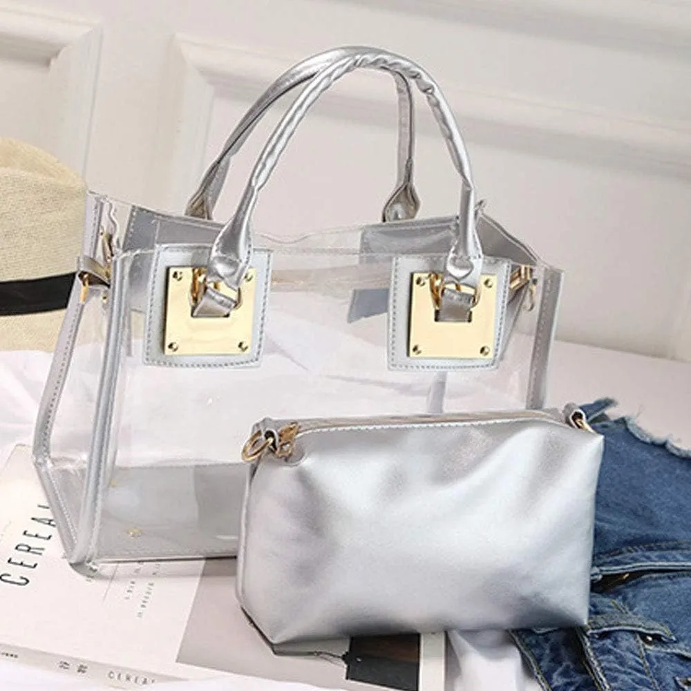Women 2 Pcs Small Clear Tote Beach Shoulder Top-handle Bag PVC Transparent Satchel Handbag Purse