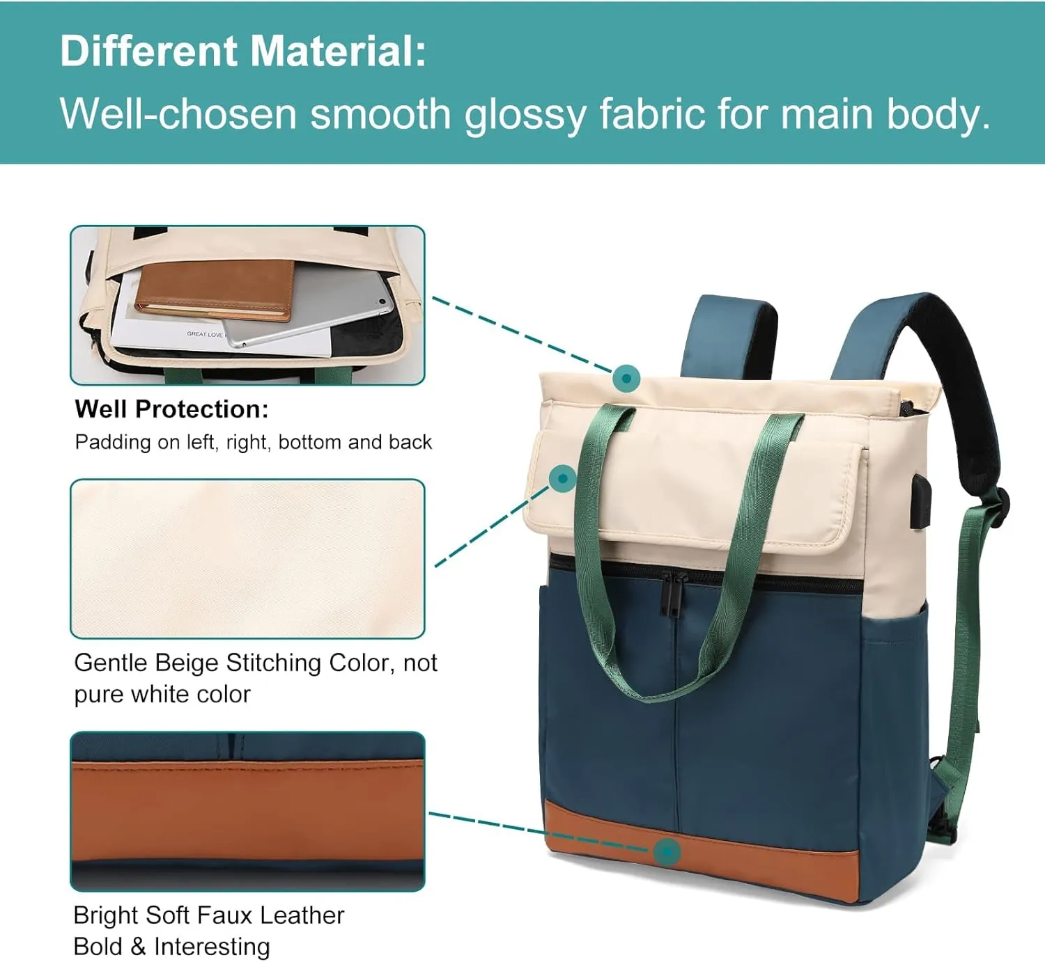 Women's Convertible Daypack Laptop Backpack, Computer Backpack Work Backpack with USB Charging Port